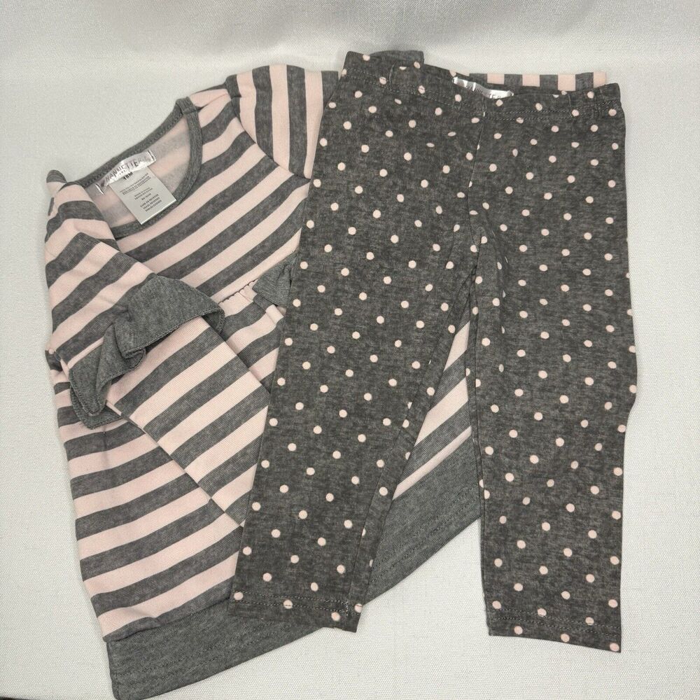 Nannette Baby 2-Piece Pink Gray Stripe Babydoll Top & Pants Set - 18 Months